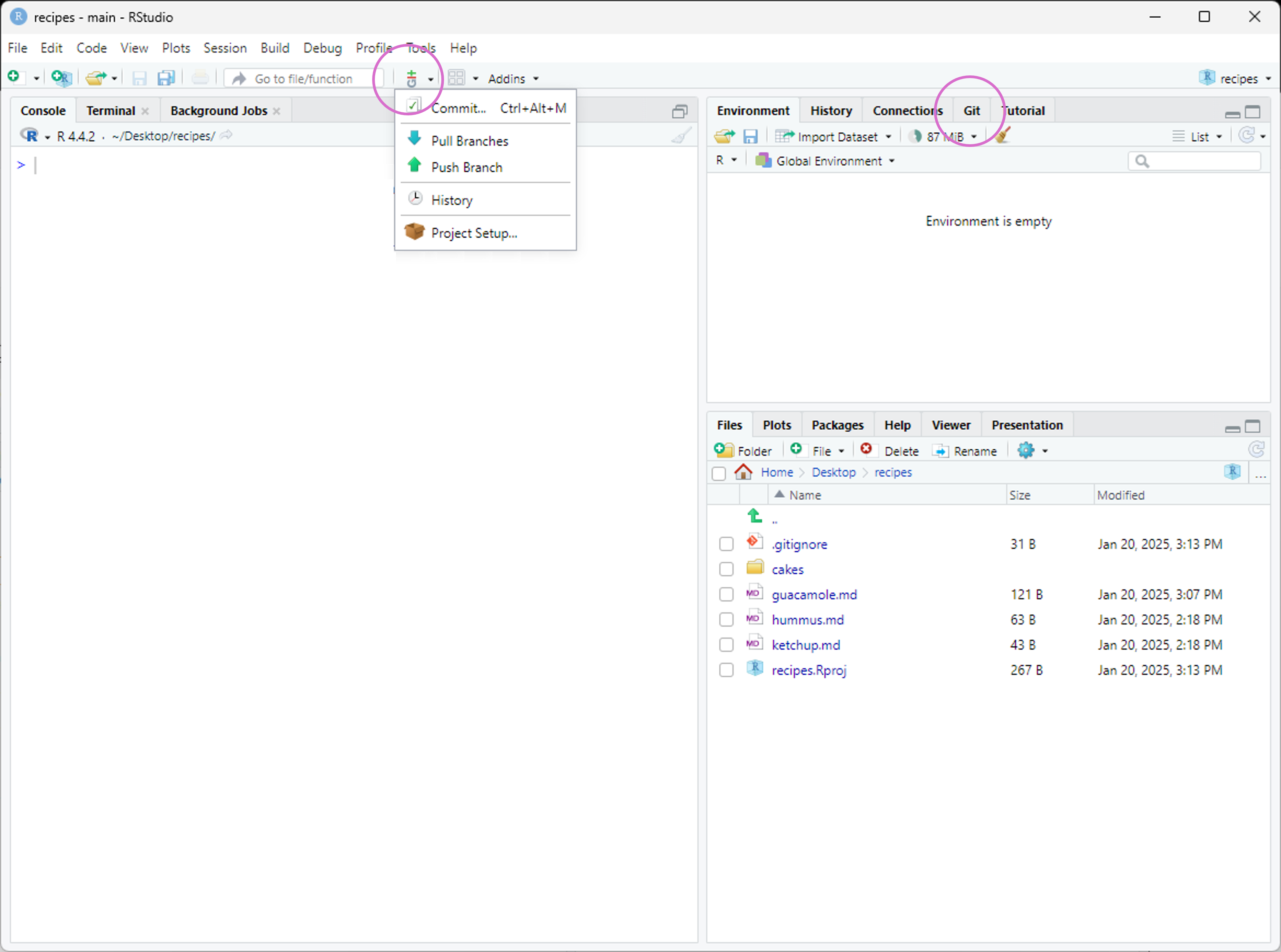 RStudio window after new project is created with large arrow pointing to vertical Git menu bar.