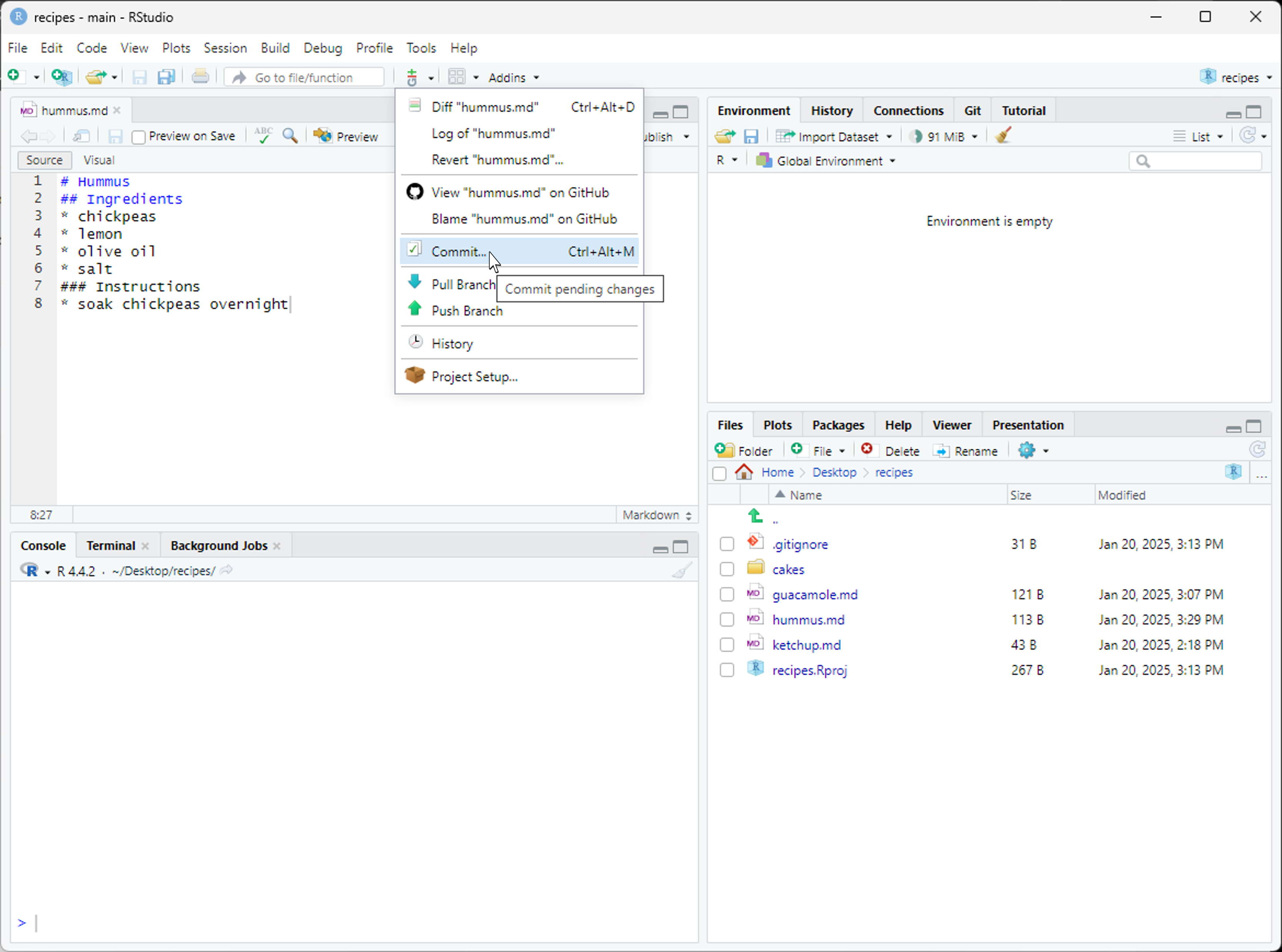 RStudio screenshot showing the Git menu dropdown with the "Commit..." option selected