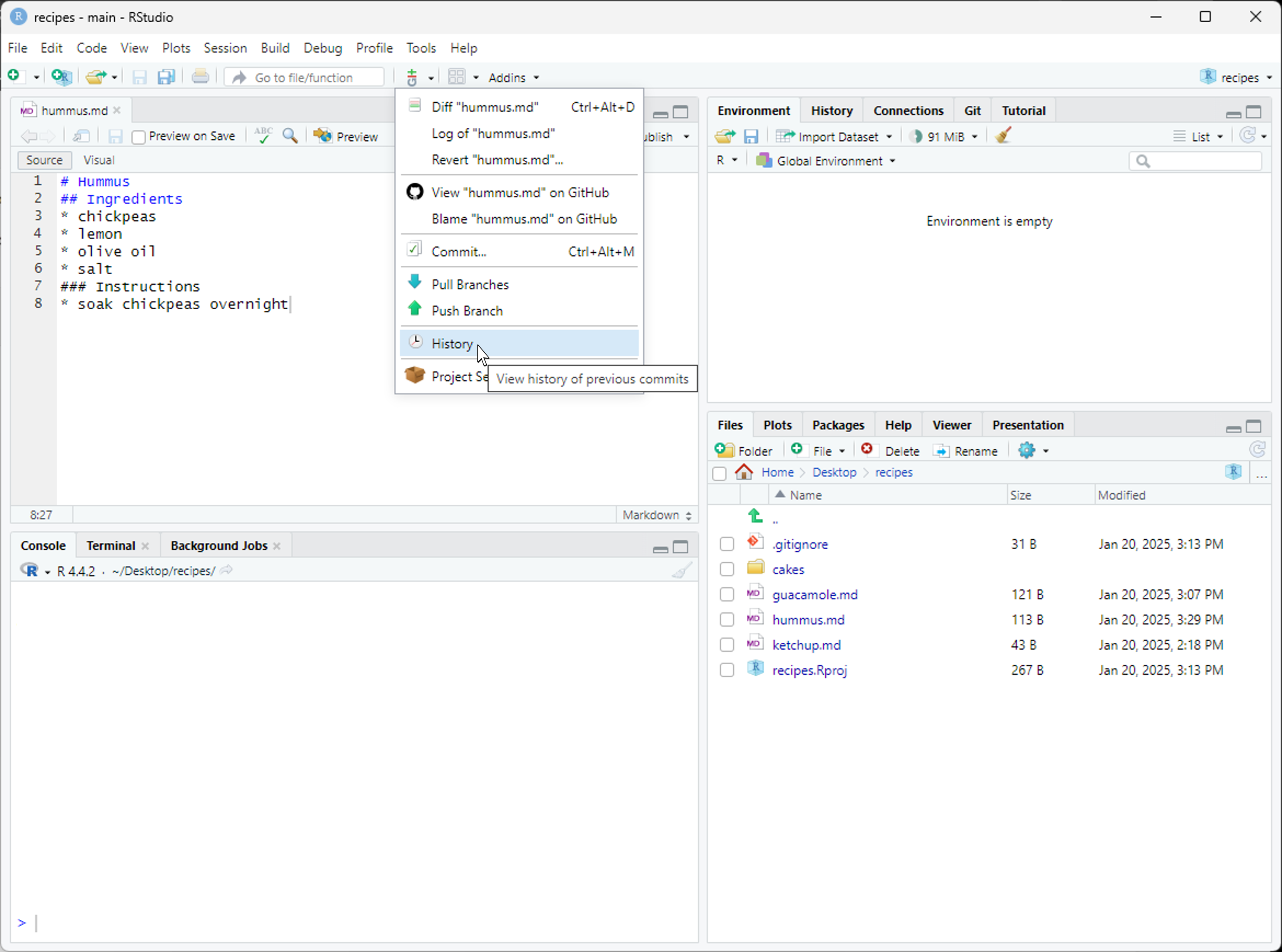 RStudio screenshot showing the git menu dropdown with the "History" option selected