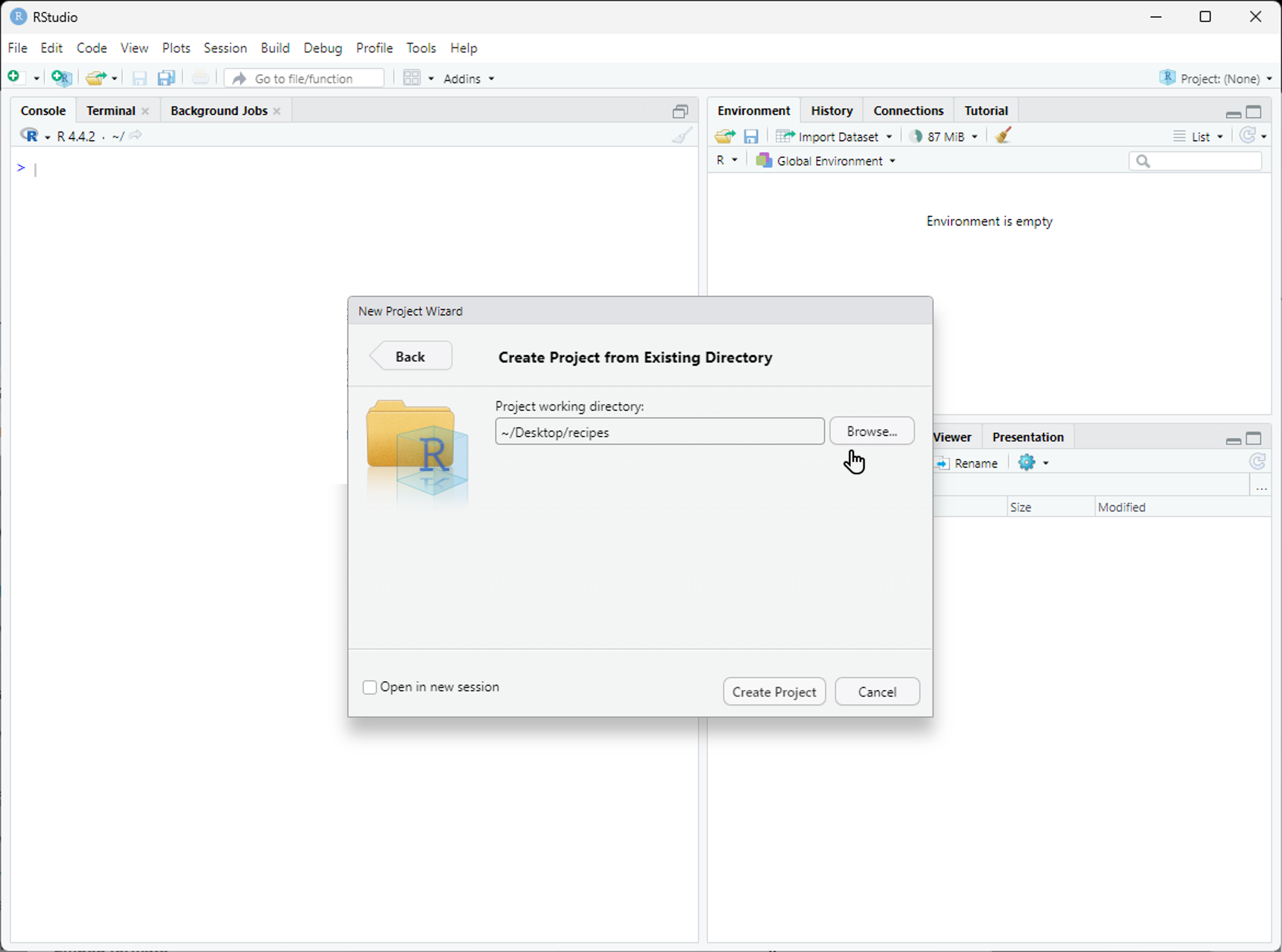 RStudio window showing the "Create Project From Existing Directory" dialog. In the dialog, the project working directory has been set to "~/Desktop/recipes"