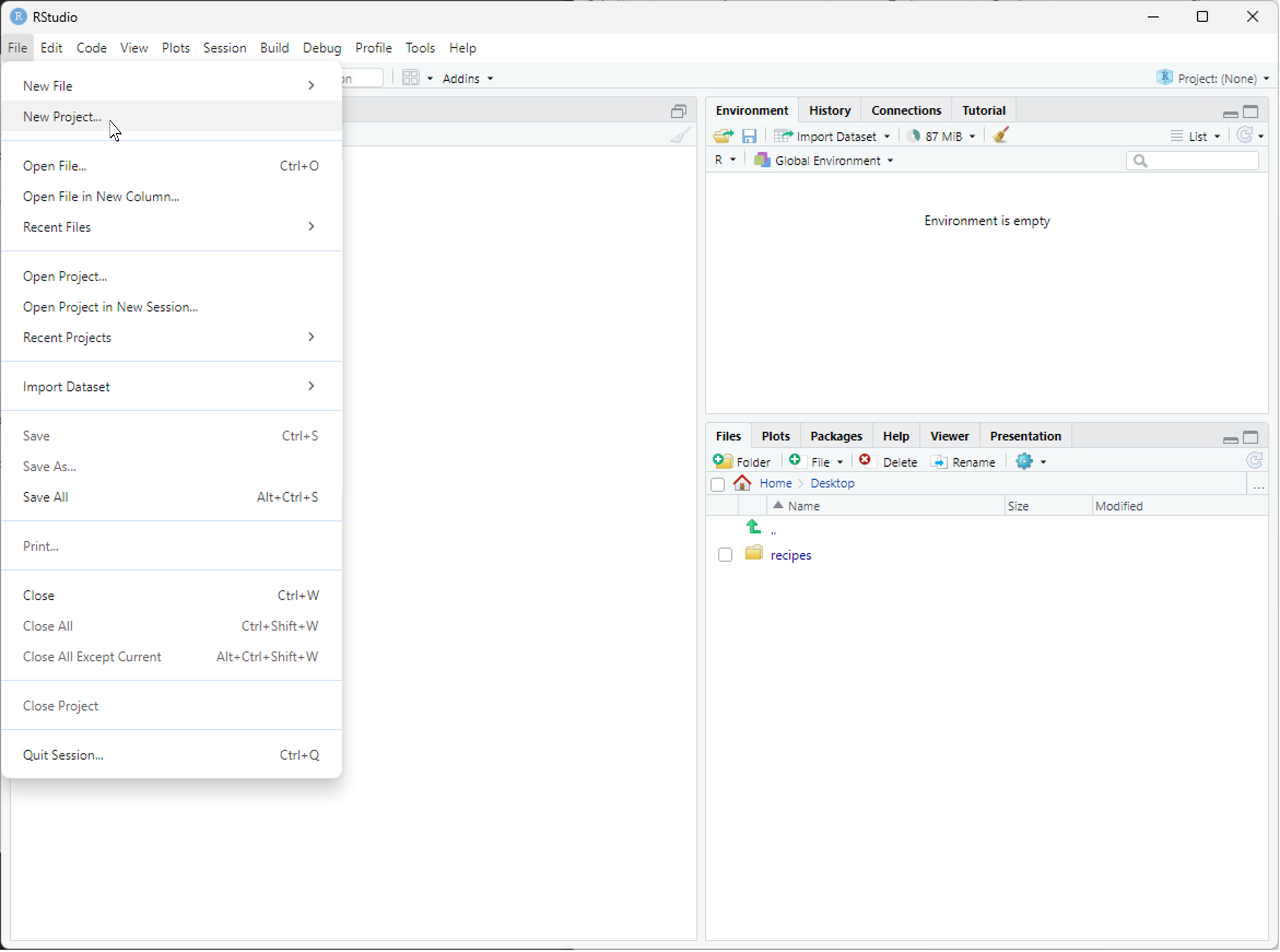 RStudio screenshot showing the file menu dropdown with "New Project..." selected