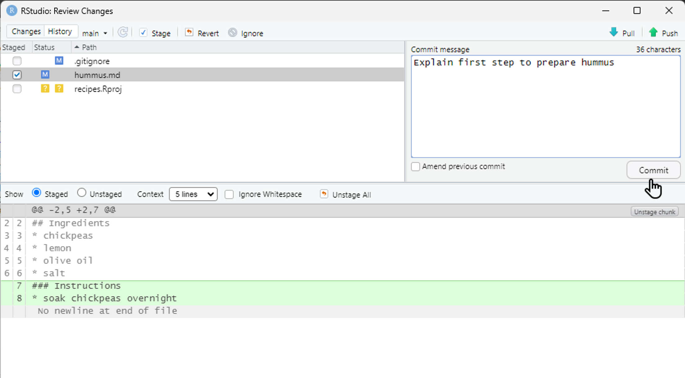 RStudio screenshow showing the "Review Changes" dialog. The top left panel shows the list of files that can be included or excluded from the commit. The top right panel is for writing a commit message. The bottom panel shows information about the currently selected file in the top left panel.