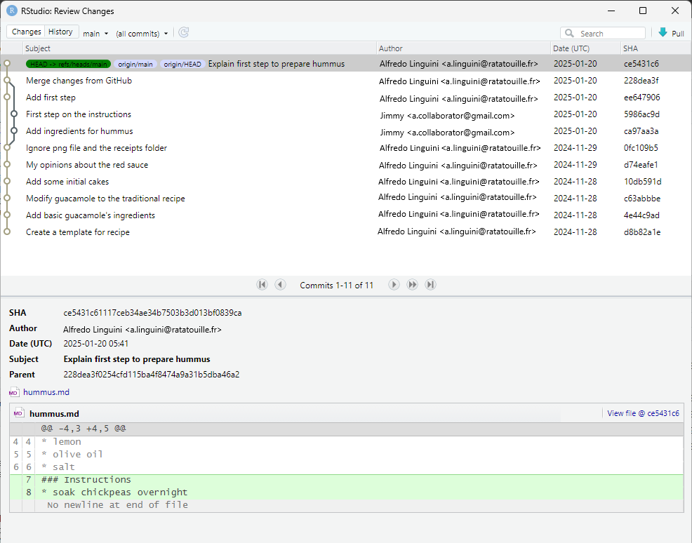 RStudio screenshot showing the "Review Changes" dialog after pressing the "History" button. The top panel lists the commits in the repository, similar to git log. The bottom panel shows the changes included in the commit that has been selected in the top panel.