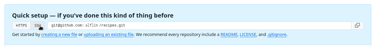 A screenshot showing that clicking on "SSH" will make GitHub provide the SSH URL for a repository instead of the HTTPS URL