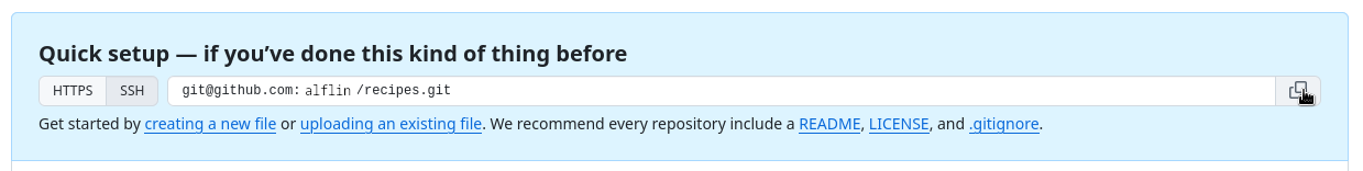 Clicking the "Copy to Clipboard" button on GitHub to obtain the repository's URL